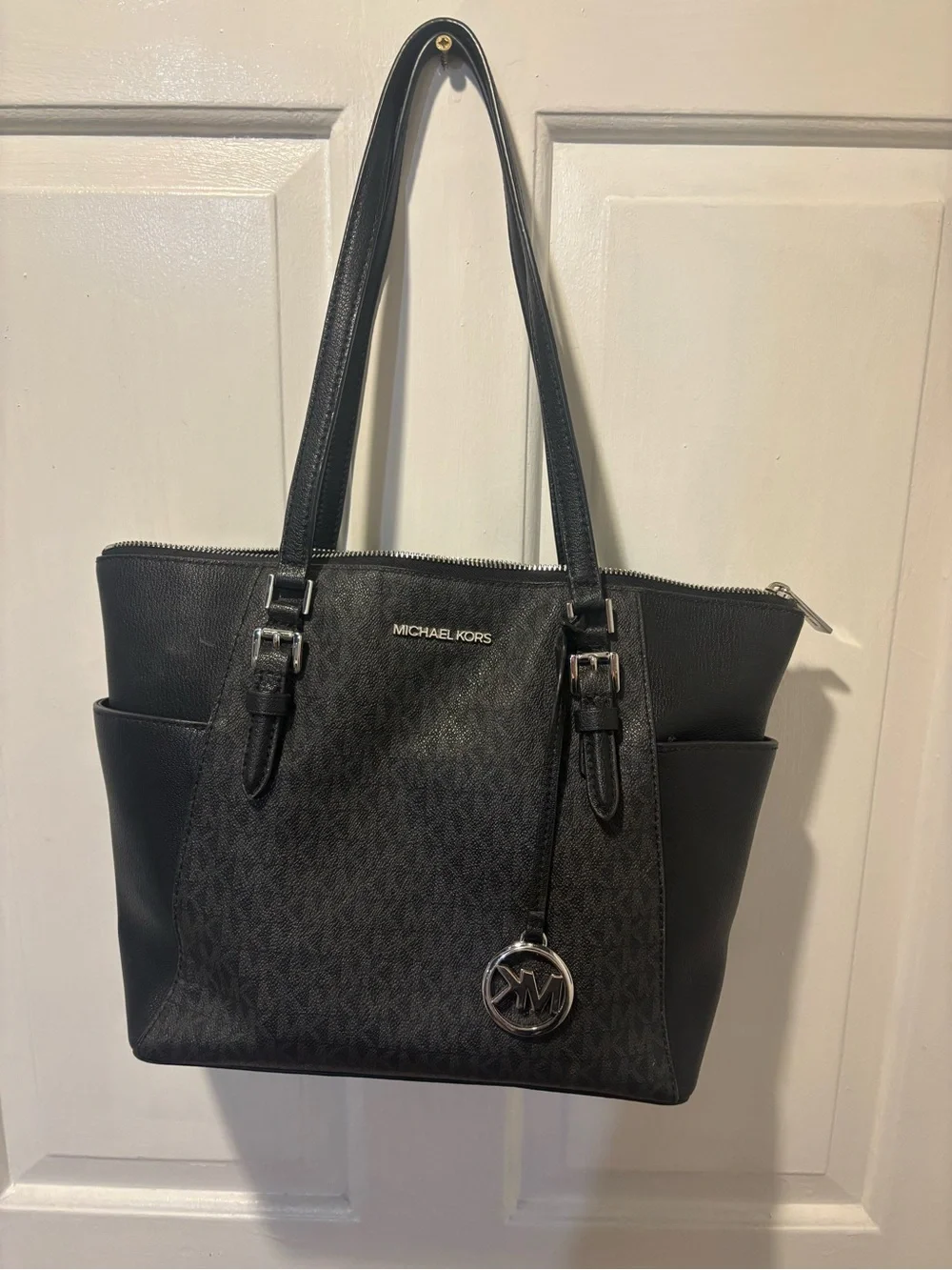 Michael Kors Black Monogram Tote with Silver Accent